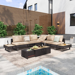 English Elm K&K 6-Pers Diamond Weave Patio Sectional Set with Thick Cushions, Extendable Ice Coffee Table, UV-Resistant Wicker Khaki+Brown N707S000013K