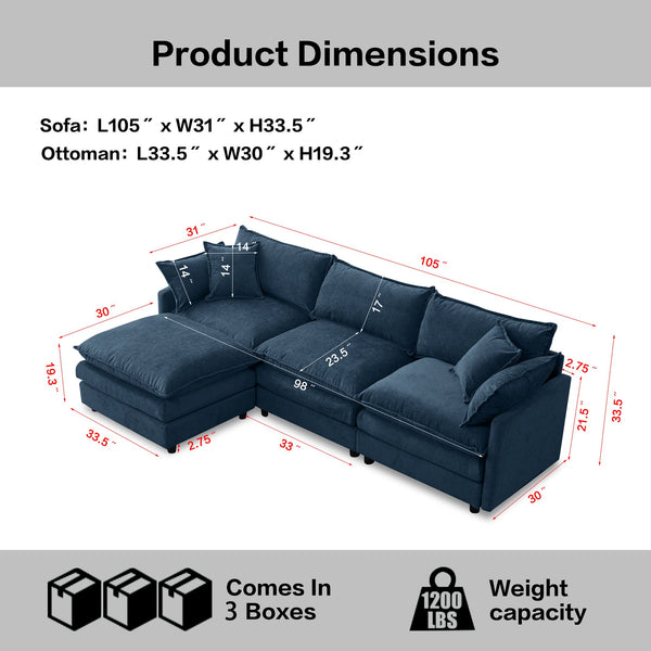 English Elm 105" L-shaped Chenille Sectional with Ottoman Pocket Spring Living Room Sofa Blue W1097S00231