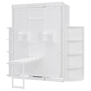 English Elm Rotating Murphy Wall Bed with Convertible Desk Dual Side Shelves Full Size Mdf Cabinet White LP000961AAK