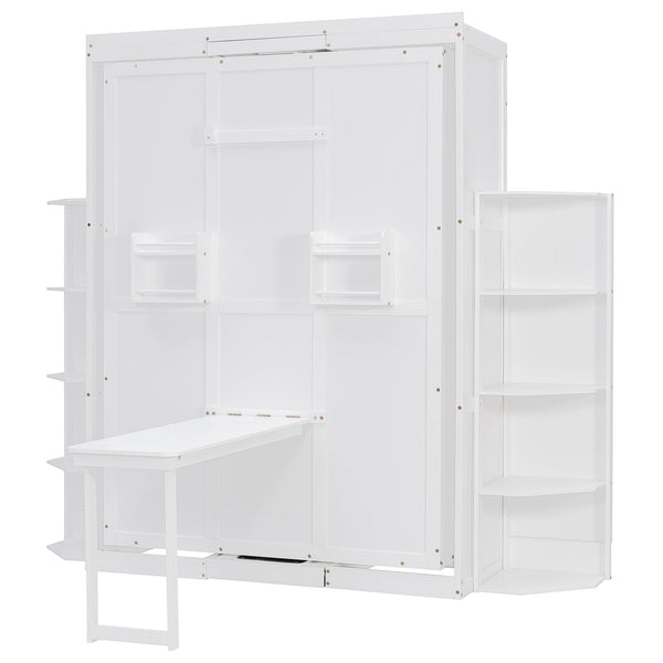 English Elm Rotating Murphy Wall Bed with Convertible Desk Dual Side Shelves Full Size Mdf Cabinet White LP000961AAK