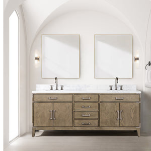 English Elm Grey Oak Double Bath Vanity With Carrara Marble Top, Mirrors, & Ample Storage For Modern Elegance B2731S01619