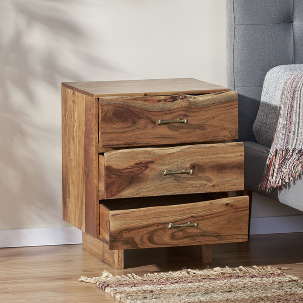 English Elm Christopher Knight Home® - NIGHTSTAND — Handcrafted Acacia Wood Nightstand with 3 Drawers, Antique Brass Handles, Boho Chic 68804.00