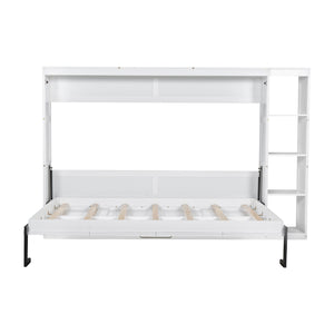 English Elm Full Full Size Murphy Bed with Bookshelf and Fold-Down Work Surface, Space-Saving LVL/MDF Design White GX002220AAK