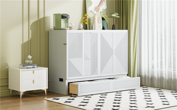 English Elm Full Size Murphy Bed Cabinet with Usb Charging Drawer and Rolling Base for Studios LP000597AAK