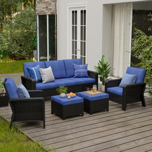 English Elm Tl Five Piece Outdoor Sectional Set Pe Wicker High Back Sofa Chairs Footstools T5925S00012