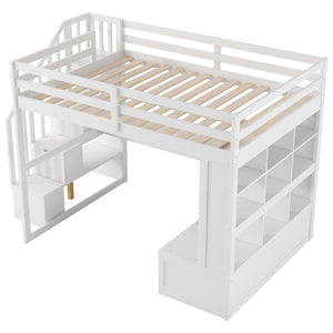 English Elm Full Full Size Loft Bed with Desk, Shelves, Two Drawers and Storage Staircase in Warm Wood Finish White GX000397AAK