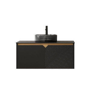 English Elm Dina Floating Bathroom Vanity Sintered Stone Top Glass Basin Striped Plywood Cabinet W2615S00553