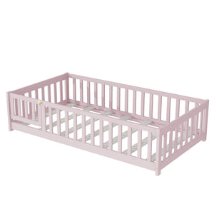 English Elm Twin Solid Rubberwood Floor Bed with Full Perimeter Safety Rails for Toddler Rooms Pink W504P296782