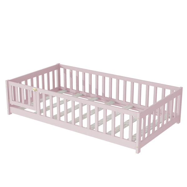 English Elm Twin Solid Rubberwood Floor Bed with Full Perimeter Safety Rails for Toddler Rooms Pink W504P296782