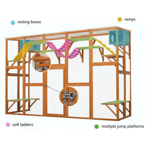 English Elm Weatherproof Pine Wood Catio Outdoor Cat Enclosure with Platforms Ramps and Pvc Roof N843MP003N