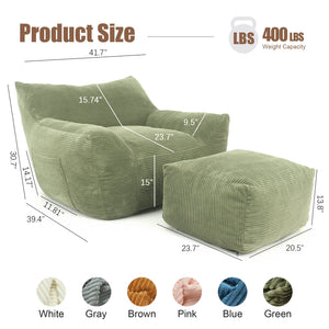 English Elm Bean Bag Chair with Armrests Shredded Foam Fill Oversized Lounge Seat for Adults Green W5385P433244