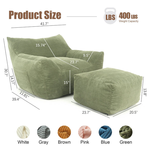 English Elm Bean Bag Chair with Armrests Shredded Foam Fill Oversized Lounge Seat for Adults Green W5385P433244