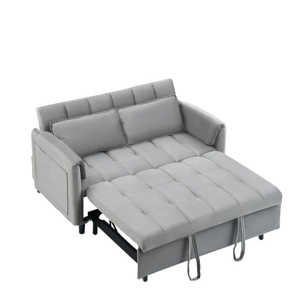 English Elm 52 Grey Modern Velvet Sofa Bed Convertible 3-in-1 Small Loveseat with Pillows, Pockets, Metal Legs, 500lb Capacity W1658P266339