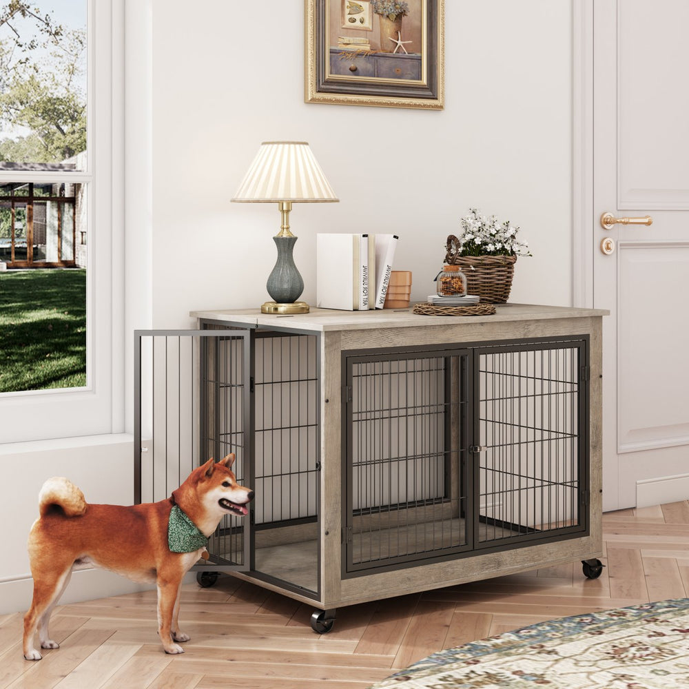 English Elm Furniture Style Dog Crate Side Table on Wheels with Double Doors, Lift-Top, Grey — Safe, Mobile, 38.58"w x 27.36"h W116291737