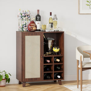 English Elm Rattan Cane Front Sideboard with Drawers Adjustable Shelf Bohemian Storage Cabinet Walnut T3623P434765