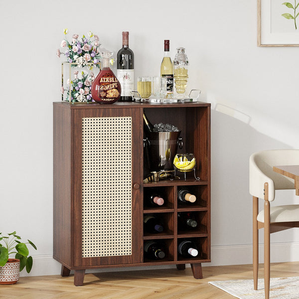 English Elm Rattan Cane Front Sideboard with Drawers Adjustable Shelf Bohemian Storage Cabinet Walnut T3623P434765