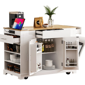 English Elm K&k Rolling Kitchen Island Rubber Wood Top Fluted Cabinet Built-in Charging Station White N707S221571W