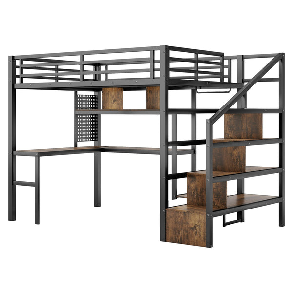 English Elm Full Size Loft Bed With Desk, Wardrobe & Led Light – Space-Saving Metal Design For Kids' Rooms! W2593S00019