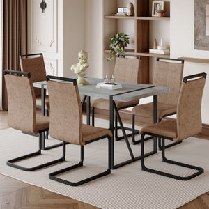 English Elm Table Modern Minimalist Grey Marble Mdf Dining Set With 6 Comfortable Brown Chairs & Metal Frame W1151S02682-GIGA
