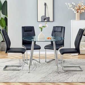 English Elm Table And Chair Set - Modern 38.6" Round Glass Dining Table With 4 Stylish Pu Chairs - Silver Legs W1151S03825-GIGA
