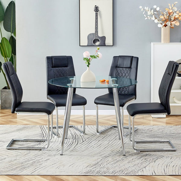 English Elm Table And Chair Set - Modern 38.6" Round Glass Dining Table With 4 Stylish Pu Chairs - Silver Legs W1151S03825-GIGA