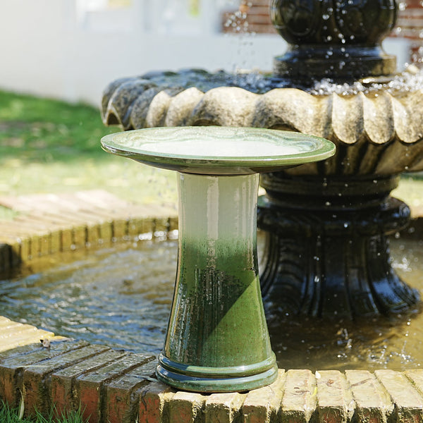 English Elm 17'' Handcrafted Ceramic Pedestal Bird Bath Glazed Ombre Swirl Garden Accent Piece Grass Green W3273P371885
