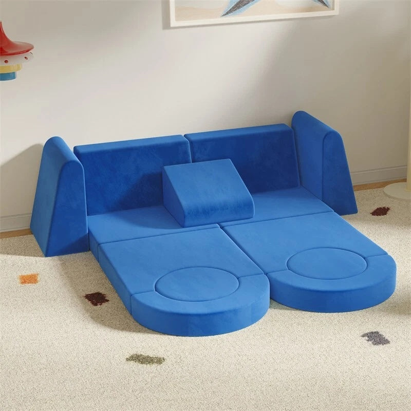 English Elm 13 Piece Modular Foam Play Couch Velvet Sectional for Creative Kids Playroom Blue T5880P493407