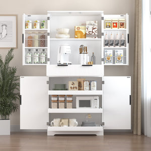 English Elm 72" Fluted Kitchen Pantry Cabinet with Anti-Tilt Stabilizers, Triple-Fold Hinges, Spice Door Racks and Deep Storage White W2917P294978