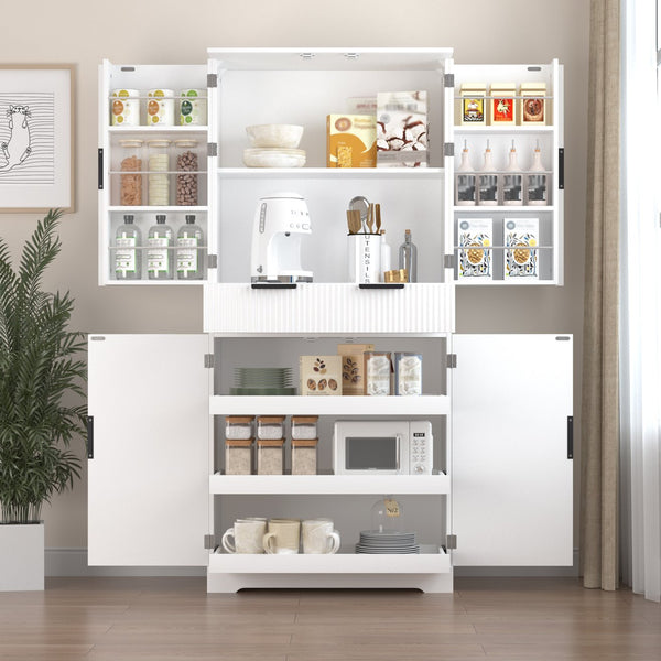 English Elm 72" Fluted Kitchen Pantry Cabinet with Anti-Tilt Stabilizers, Triple-Fold Hinges, Spice Door Racks and Deep Storage White W2917P294978