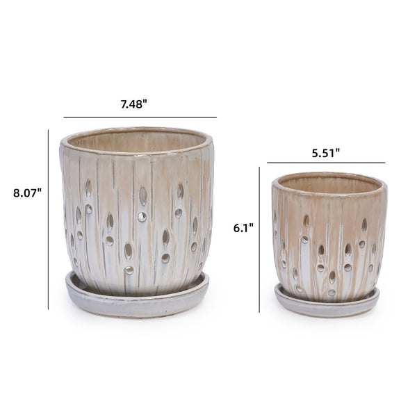 English Elm Set Of 2 Striped Ceramic Flowerpots - Modern 8" Planters With Drainage Holes For Stylish Displays W3273P322552-GIGA