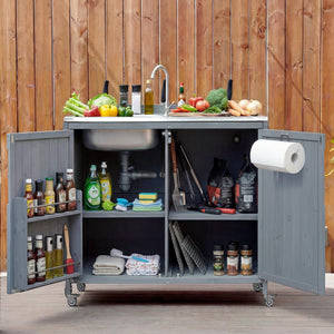 English Elm K&k Outdoor Prep Station Stainless Steel Top Fir Wood Cabinet with Drawer and Wheels N707P370281G