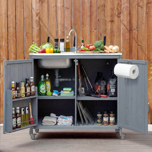 English Elm K&k Outdoor Prep Station Stainless Steel Top Fir Wood Cabinet with Drawer and Wheels N707P370281G
