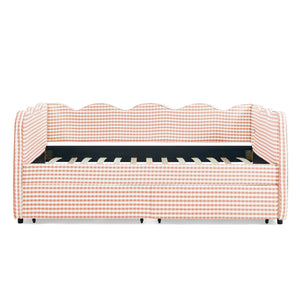 English Elm Twin Gingham Linen Daybed with Wave Silhouette Usb Port and Dual Storage Drawers Pink W1413S00142