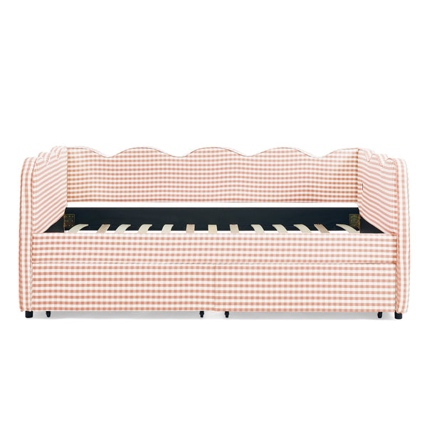 English Elm Twin Gingham Linen Daybed with Wave Silhouette Usb Port and Dual Storage Drawers Pink W1413S00142