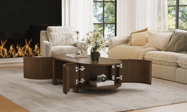English Elm Oval Fluted Rubberwood Coffee Table with Open Storage Shelf for Living Room Walnut N735P369880D