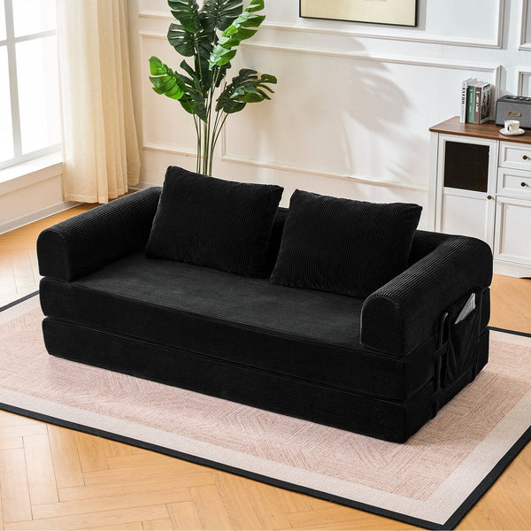 English Elm Convertible Corduroy Sleeper Sofa Foldable Three Seat Couch for Studio or Bedroom Black W3366P447116