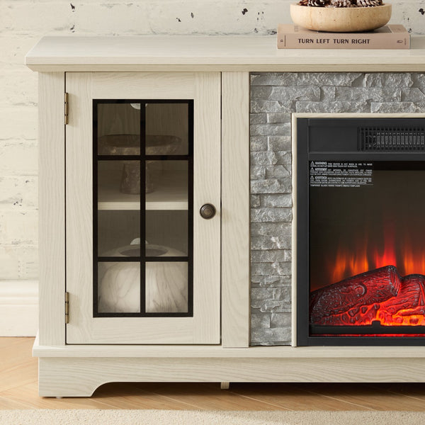 English Elm 58" Modern TV Stand with 18" Electric Fireplace, Faux Stone Mantel, Ample Storage & Cable Management for Living Room Comfort and Style White W2275S00025