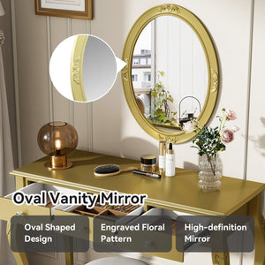 English Elm Luxury Makeup Vanity Desk with Oval Mirror and Engraved Floral Frame, Velvet Jewelry Tray, Durable Drawers and Elegant Console for Bedroom & Living Room Decor Gold N844P292481G