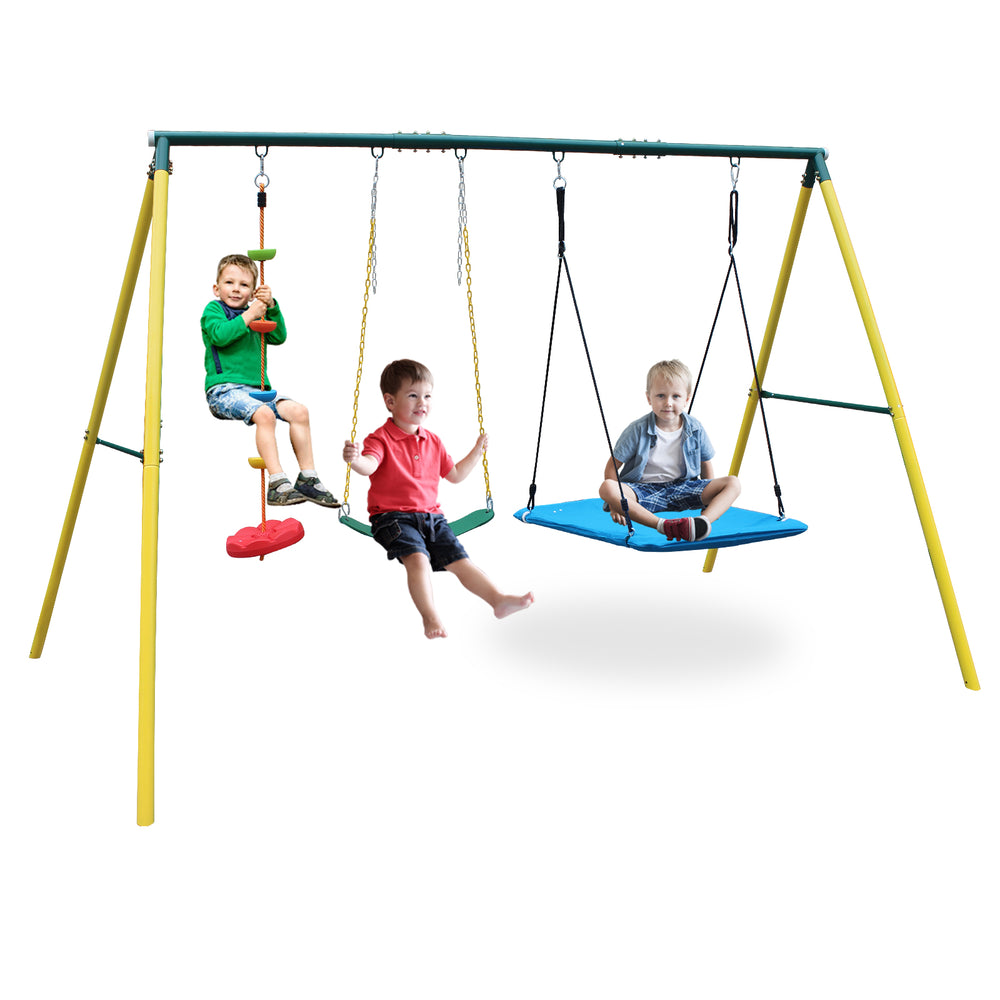 English Elm 3 in 1 Backyard Swing Set Steel A-frame with Belt Saucer and Climbing Rope W1408P169746