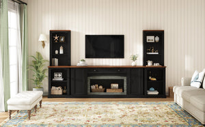 English Elm 3-piece Farmhouse Entertainment Center with Curved Cabinets Walnut Mdf Modular Living Room Black N721S000068B