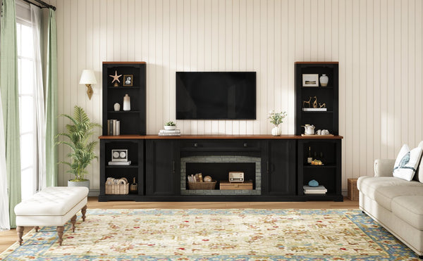 English Elm 3-piece Farmhouse Entertainment Center with Curved Cabinets Walnut Mdf Modular Living Room Black N721S000068B