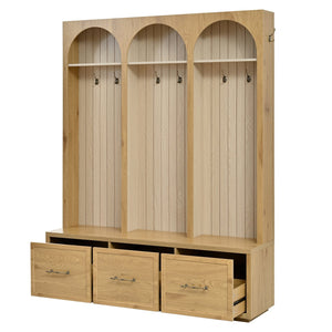 English Elm Farmhouse Hall Tree with Triple Arch Back Panel Eight Hooks Drawers and Entryway Bench N721S000071L