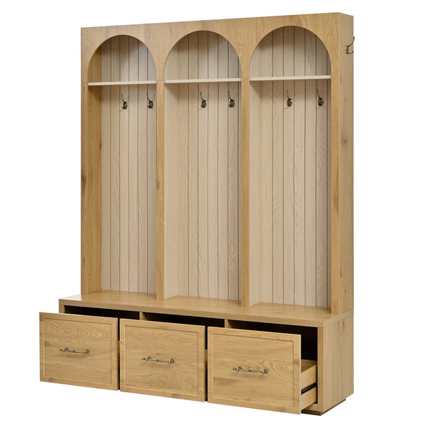 English Elm Farmhouse Hall Tree with Triple Arch Back Panel Eight Hooks Drawers and Entryway Bench N721S000071L