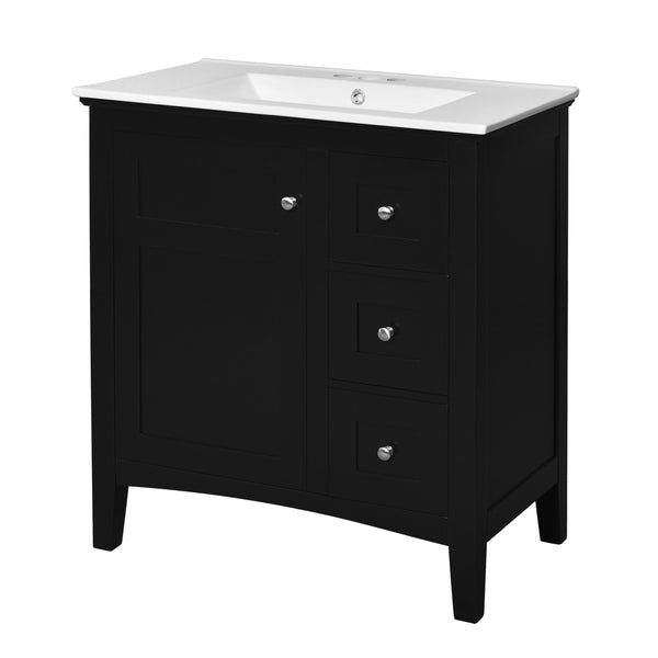 English Elm 30 Inch Bathroom Vanity with Ceramic Sink and 3 Smooth-Glide Drawers, Modern Moisture-Resistant Storage Black N710P252105B