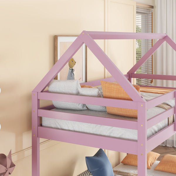 English Elm Twin Rubber Wood Floor Bunk Bed House-Shaped Design with Ladder Guardrails Sturdy Low-Profile Retreat Pink W504P206867