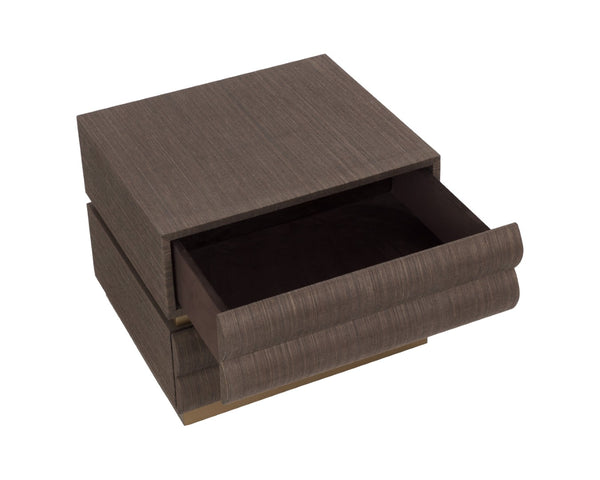 Sunpan SUBIRA Nightstand - Luxurious Chocolate Raffia Design with Velvet-Lined Drawers & Brass Accents 112309