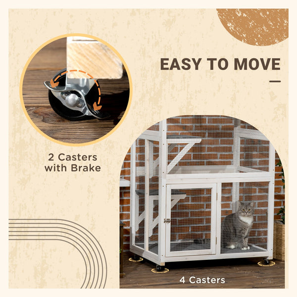 English Elm Pawhut Wooden Catio Outdoor Cat Enclosure with Wheels Weatherproof Asphalt Roof W2225P173768