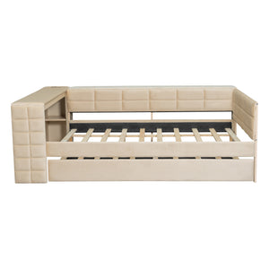 English Elm Full Size Upholstered Platform Bed With Desk, Usb Charging, Trundle & Storage Shelves In Beige Velvet N7090000604A