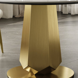 English Elm 53 Inch Round Smoked Glass Dining Table with Gold Steel Base Seats Eight W2700S00092
