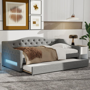 English Elm Upholstered Twin XL Daybed with Built-In LED Belt and Trundle, Linen Backrest, Modern Guest Bed Gray DL002050AAE